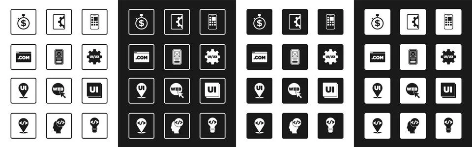 Set Mobile Apps, UI or UX design, Time is money, Web development, and icon Stock Illustration