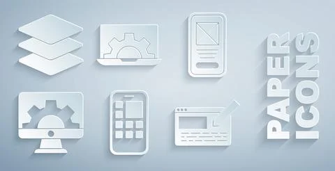 Set Mobile Apps, UI or UX design, Web development,  and Layers icon. Vector Stock Illustration