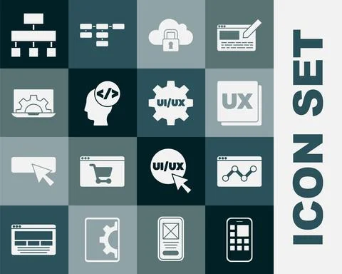 Set Mobile Apps, Website statistic, UI or UX design, Cloud computing lock, Fr Illustrazione stock