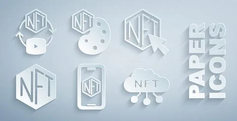 Set Mobile with art store app, NFT Digital crypto, cloud, and icon. Vector Stock Illustration