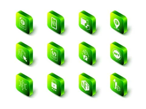 Set Mobile with art store app, NFT Digital crypto,  and Cyber security icon.  库存插图