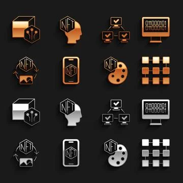 Set Mobile with art store app, Binary code, NFT blockchain technology, Digital 库存插图