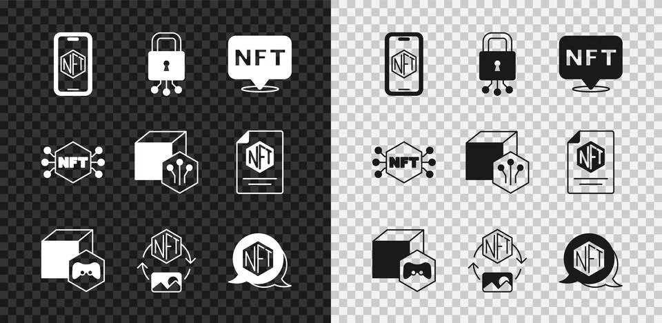 Set Mobile with art store app, Cyber security, NFT Digital crypto,  and  ic.. Stock Illustration