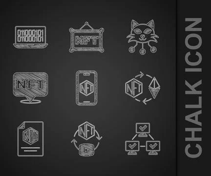 Set Mobile with art store app, NFT Digital crypto, blockchain technology, E.. Illustrazione stock