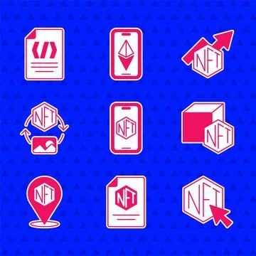 Set Mobile with art store app, NFT contract, Digital crypto, growth bar cha.. Illustrazione stock