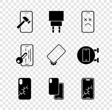 Set Mobile with broken screen, Charger, Dead mobile, Smartphone, Glass prot.. Stock Illustration