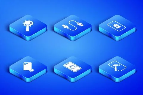 Set Mobile with broken screen, Hammer, System bug on mobile, Shockproof phone Stock Illustration