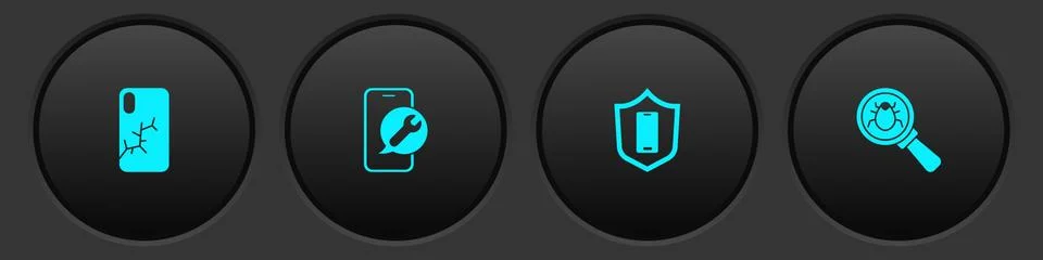 Set Mobile with broken screen, service, shield and System bug icon. Vector Stock Illustration