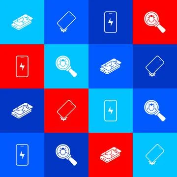 Set Mobile with broken screen, Shockproof phone, charging battery and System bug Stockillustratie