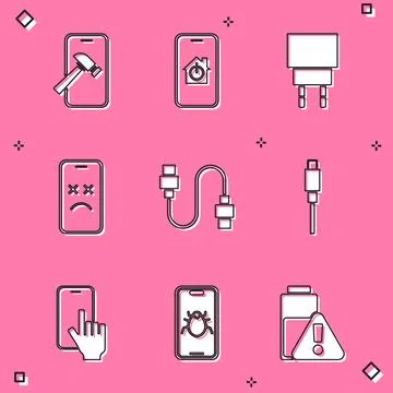Set Mobile with broken screen, smart home, Charger, Dead mobile, USB cable .. Stock Illustration