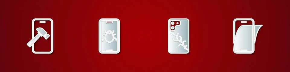 Set Mobile with broken screen, System bug on mobile, and Glass protector icon Illustrazione stock