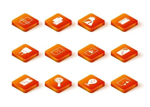 Set Mobile with broken screen, System bug, Charger, Dead mobile, Phone repair Illustrazione stock