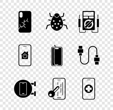 Set Mobile with broken screen, System bug, Multimeter, Phone repair service 库存插图