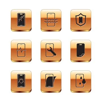 Set Mobile with broken screen, System bug on mobile, Glass protector, service Stock Illustration