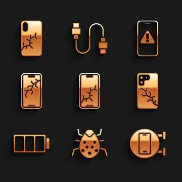 Set Mobile with broken screen, System bug, Phone repair service, Battery, e.. Stock Illustration