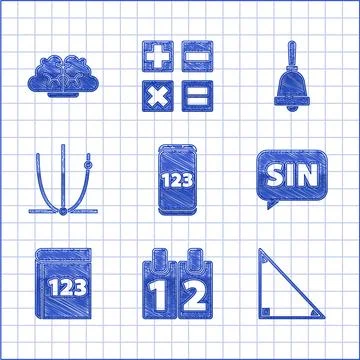 Set Mobile calculator interface, Calendar, Triangle math, Mathematics function Stock Illustration