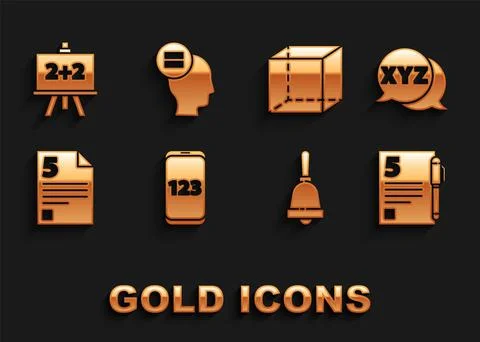 Set Mobile calculator interface, XYZ Coordinate system, Test exam sheet and pen Stock-Illustration