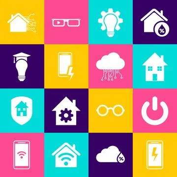Set Mobile charging battery, Power button, House, Light bulb and gear, grad.. イラスト素材
