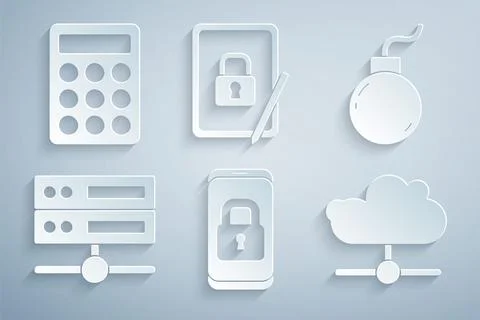 Set Mobile with closed padlock, Bomb ready to explode, Server, Data, Web Hosting 库存插图