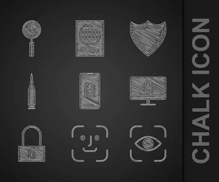 Set Mobile with closed padlock, Face recognition, Eye scan, Lock computer Illustrazione stock