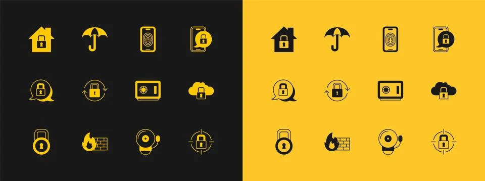 Set Mobile with closed padlock, Firewall, security wall, Safe, Ringing alar.. Stock Illustration