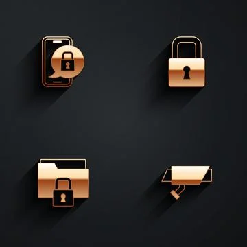 Set Mobile with closed padlock, Lock, Folder and and Security camera icon with Stock Illustration
