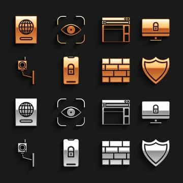 Set Mobile with closed padlock, Lock on computer monitor, Shield, Bricks Illustrazione stock