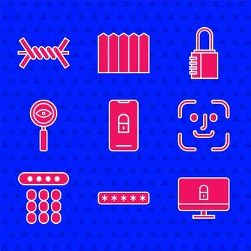 Set Mobile with closed padlock, Password protection, Lock computer monitor, Face Stock Illustration