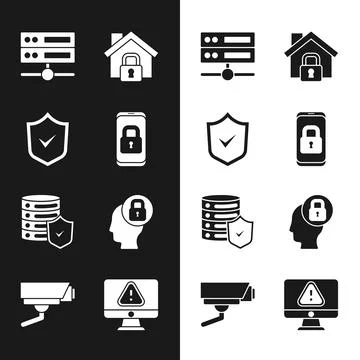 Set Mobile with closed padlock, Shield check mark, Server, Data, Web Hosting Stock Illustration