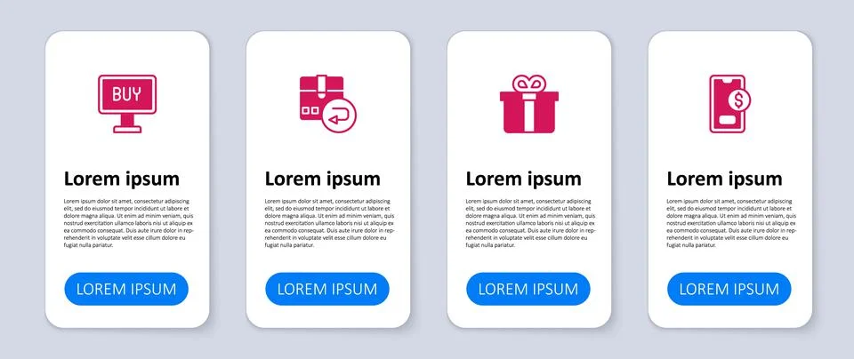 Set Mobile with dollar, Gift box, Return cardboard and Buy button. Business Illustrazione stock