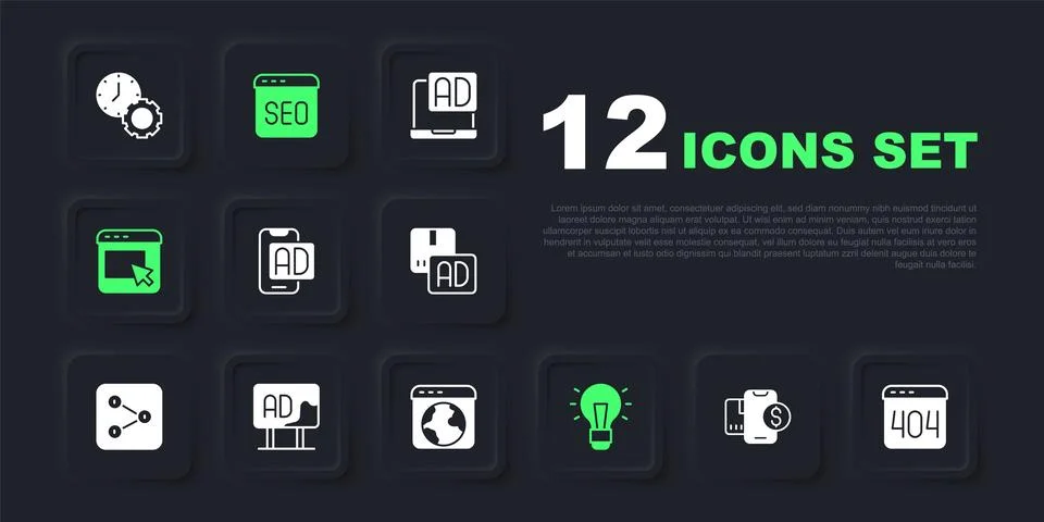 Set Mobile with dollar, Page 404 error, Advertising, Light bulb, SEO optimi.. Illustrazione stock