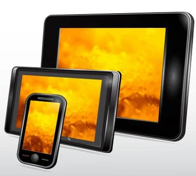 Set of Mobile Electronic Technics with a fantastic background on the screen. Stock Illustration