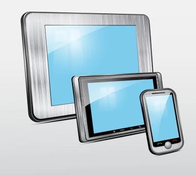 Set of mobile electronic technics. Metal case. Vector. Stock Illustration