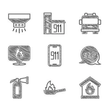 Set Mobile emergency call 911, Pan with fire, Fire in burning house, Emerge.. 库存插图