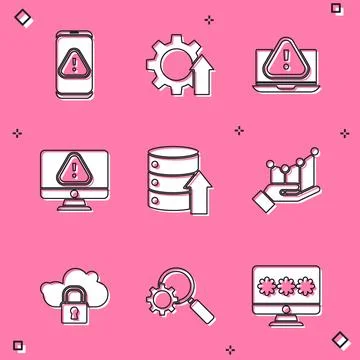 Set Mobile with exclamation mark, Arrow growth gear, Laptop, Monitor, Serve.. Illustrazione stock