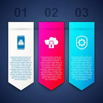 Set Mobile with exclamation mark, Cloud computing lock and Shield settings gear Stock Illustration