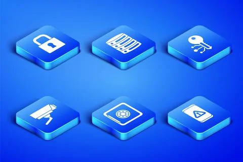 Set Mobile with exclamation mark, Lock, Safe, Security camera, Server, Data, Web Illustrazione stock