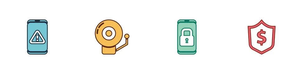 Set Mobile with exclamation mark, Ringing alarm bell, closed padlock and Shie Stock Illustration