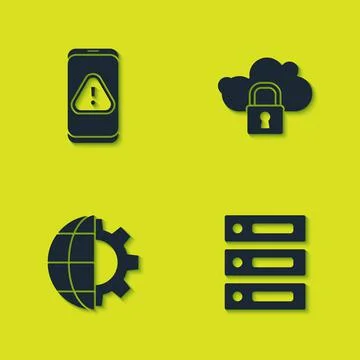 Set Mobile with exclamation mark, Server, Data, Web Hosting, Globe of the Earth Illustrazione stock
