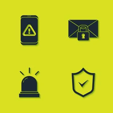 Set Mobile with exclamation mark, Shield check, Motion sensor and Mail messag Stock Illustration