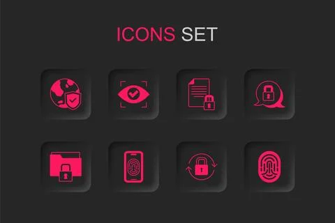 Set Mobile with fingerprint scanner, Eye, Shield world globe, Lock, Fingerp.. Stock Illustration