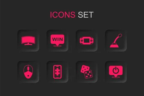 Set Mobile gaming, Medal, Computer monitor, Game dice, Microphone, Power bu.. Illustrazione stock
