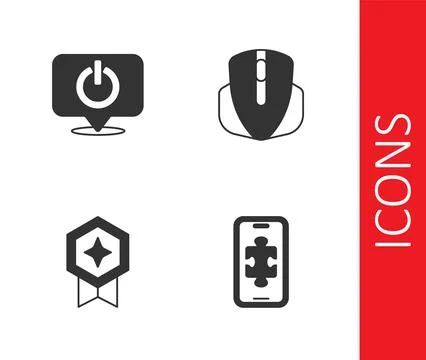 Set Mobile gaming, Power button, Game rating with medal and Computer mouse icon Illustrazione stock