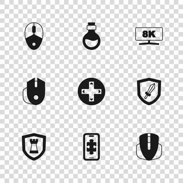 Set Mobile gaming, Sword for game, Computer mouse, Game controller joystick.. Illustrazione stock