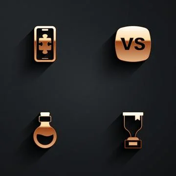Set Mobile gaming, VS Versus battle, Bottle with magic elixir and Award cup icon Illustrazione stock