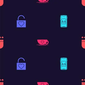 Set Mobile with heart, Lock and, Coffee cup and Quiver arrows on seamless pat Illustrazione stock