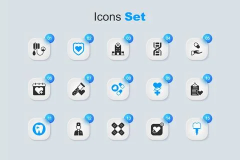 Set Mobile with heart rate, Test tube blood, Immune system, Tooth caries, D.. Stock-Illustration