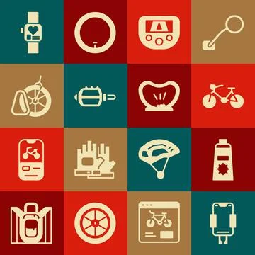 Set Mobile holder, Sunscreen cream in tube, Bicycle, Gps device with map, p.. Stock Illustration