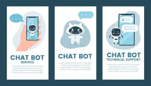 Set of mobile page templates about chat bot service flat style Illustrazione stock