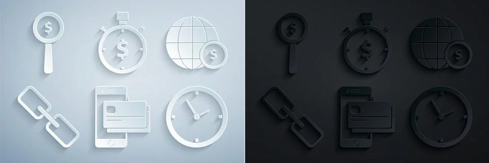 Set Mobile phone and credit card, Earth globe with dollar symbol, Chain link Stock Illustration